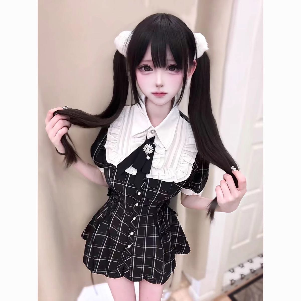 夏季甜辣妹日系學院風撞色收腰連衣裙+防走光百搭短褲兩件套套裝