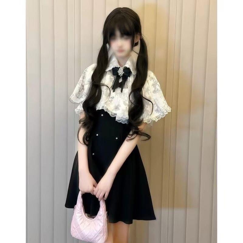 日系甜美風蝴蝶結蕾絲披肩鬥篷夏季新款收腰顯瘦蓬蓬連衣裙套裝女