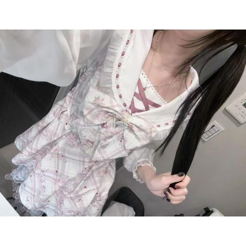 法式氣質甜美可愛綁帶假兩件拼接卡通印花蝴蝶結女收腰顯瘦連衣裙