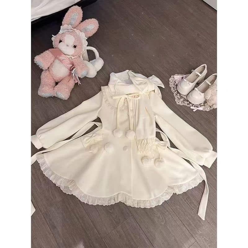 秋冬溫柔甜美蝴蝶結毛呢外套修身顯瘦+蝴蝶結圍巾兩件套裝女