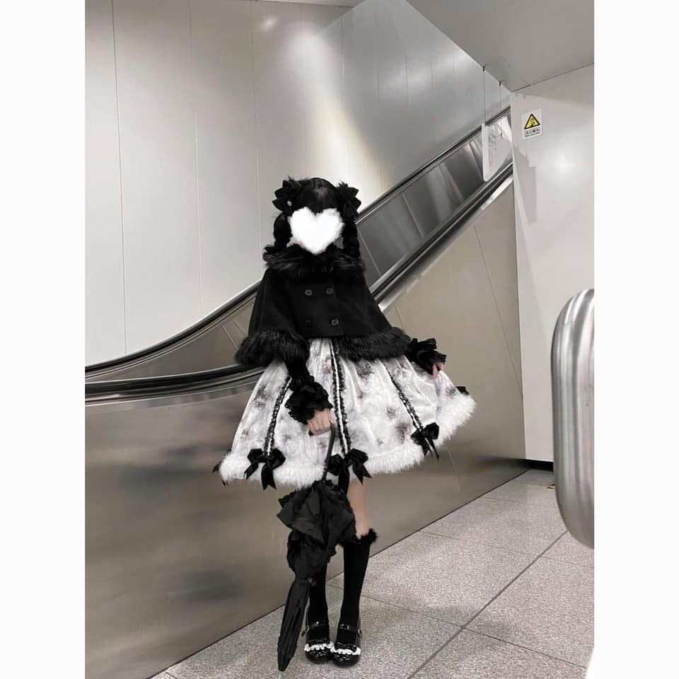 冬季甜美可愛洛麗塔毛絨絨短款鬥篷披肩外套吊帶蛋糕裙✨✨✨三件套