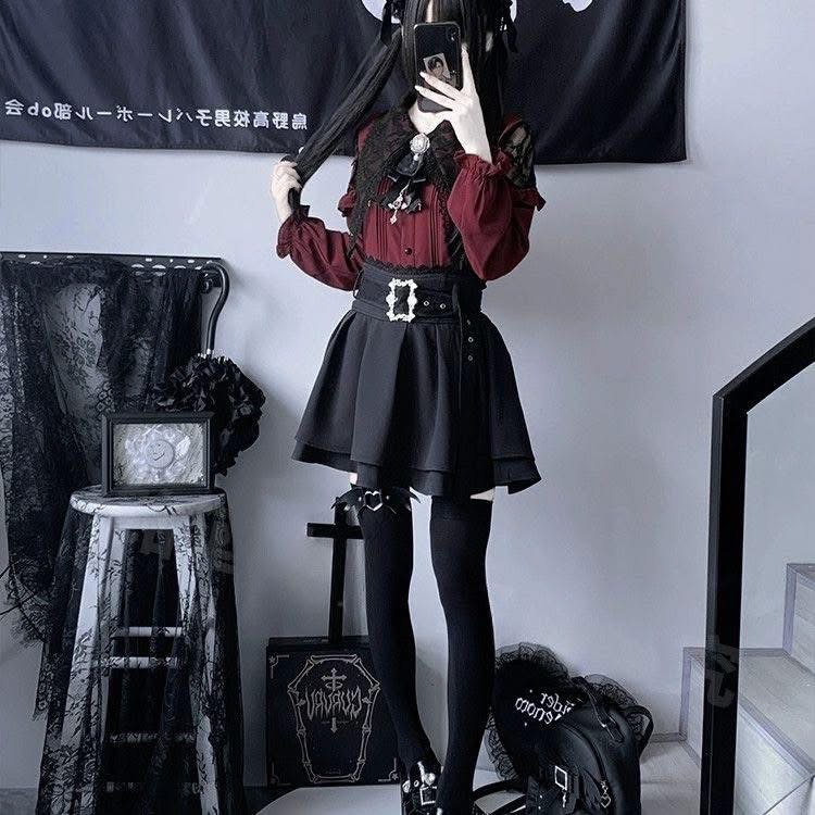 地蕾系量產型紅白雙色秋冬女士風琴褶長袖襯衫背帶裙套裝