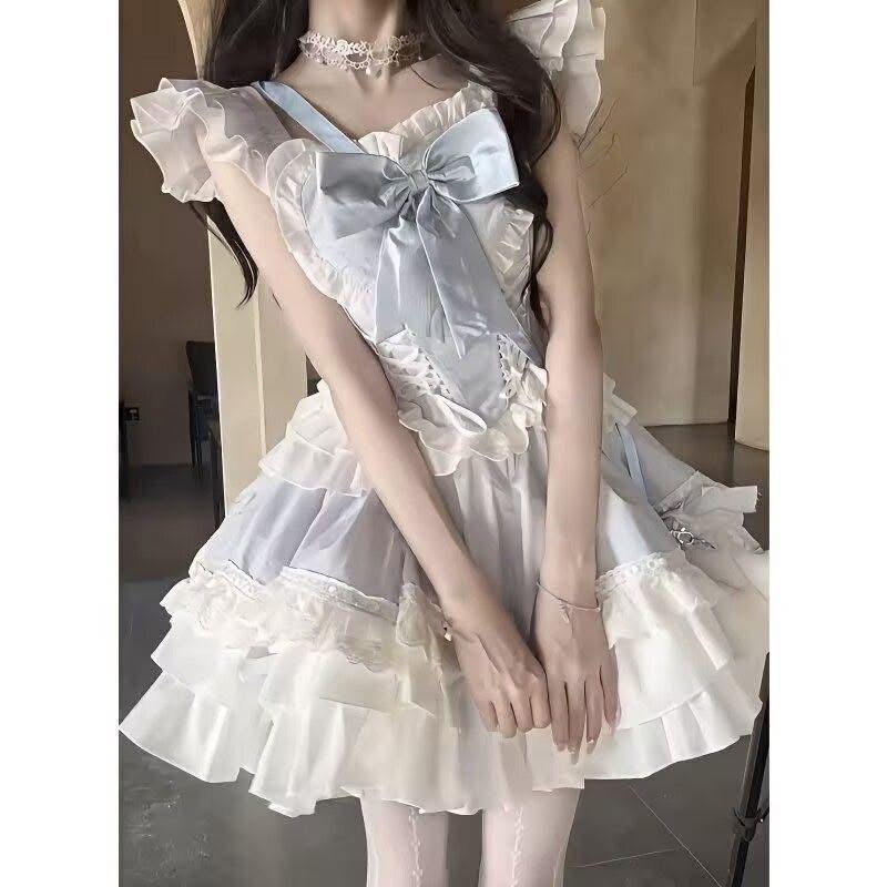 洛麗塔可愛少女小清新重工設計感荷葉邊蝴蝶結撞色拼接蕾絲蓬蓬裙