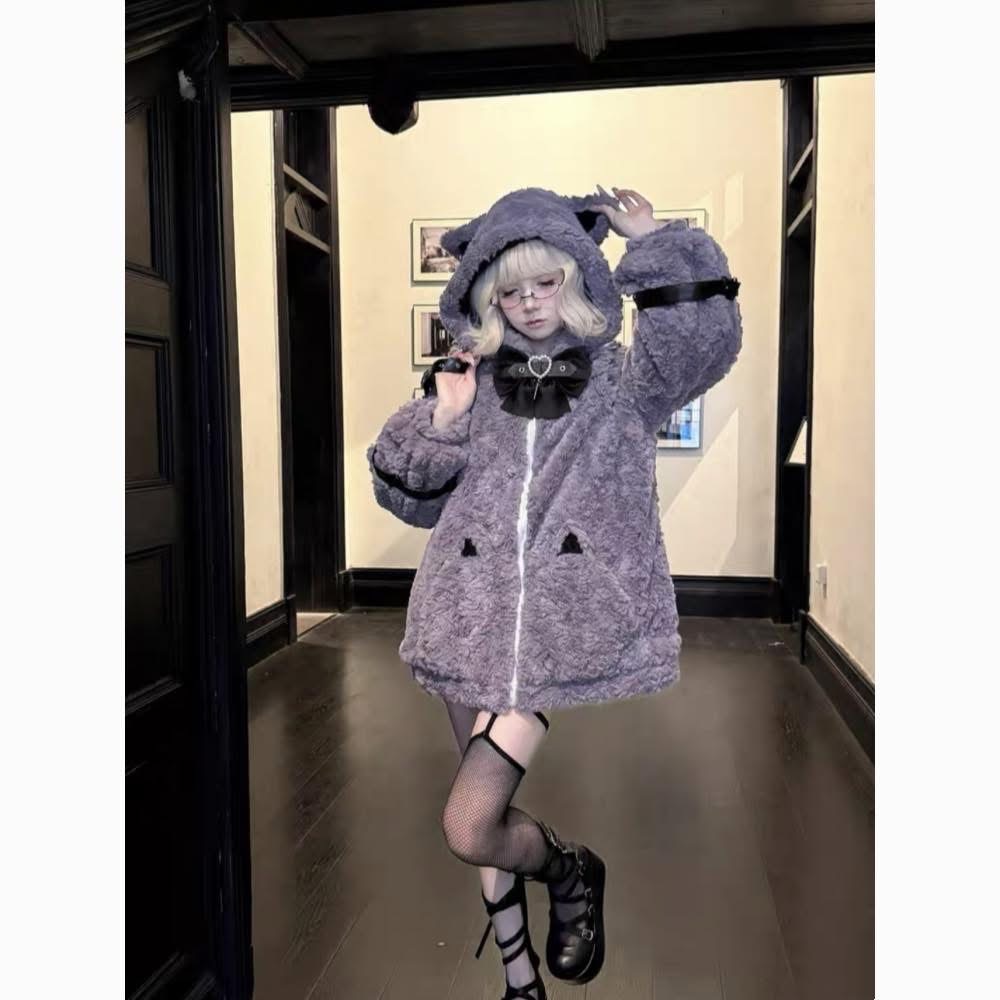 冬季少女感甜美毛茸茸連帽外套日系地雷喵減齡保暖寬松撞色大衣女