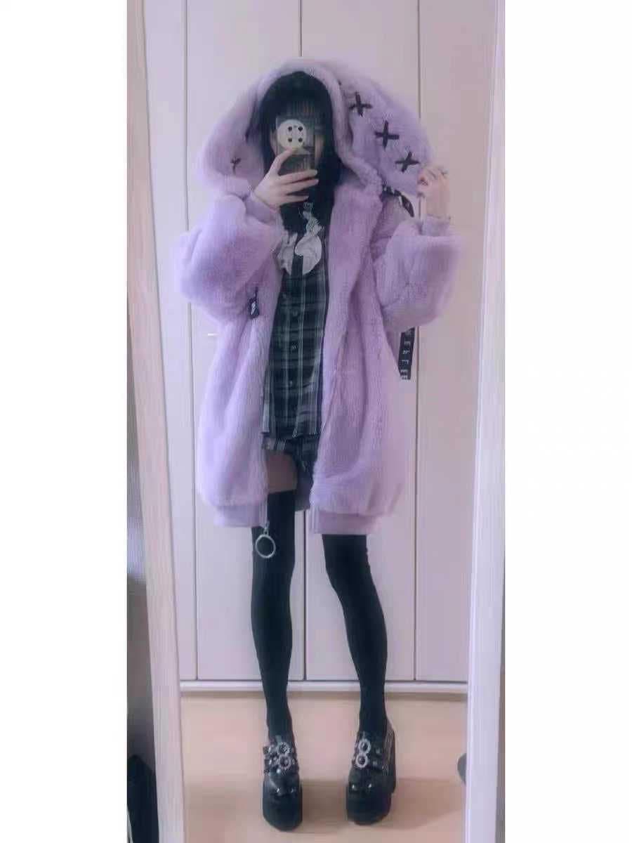 日系可愛毛絨連帽外套女秋冬季加厚軟妹甜酷中長款兔耳朵毛毛大衣紫色