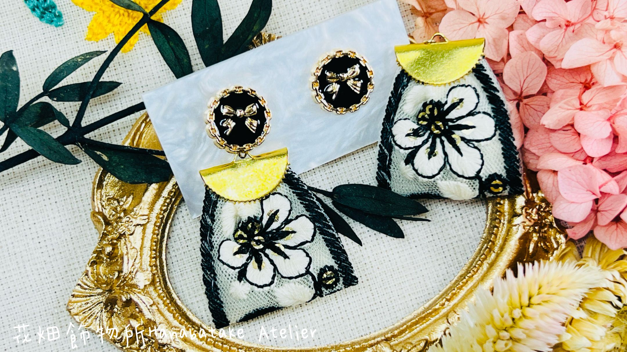 花畑飾物所Hanabatake Atelier ｜日系風耳飾｜刺繡緞帶3WAY耳環｜白夜之花 白夜の花