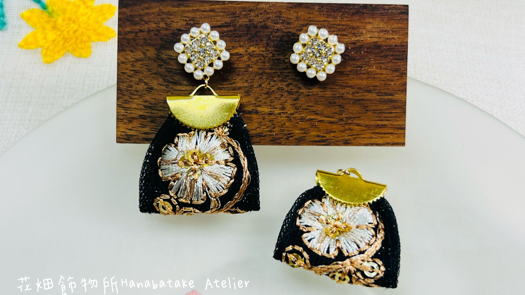 花畑飾物所Hanabatake Atelier ｜日系風耳飾｜刺繡緞帶3WAY耳環｜月影之宴 月影の宴