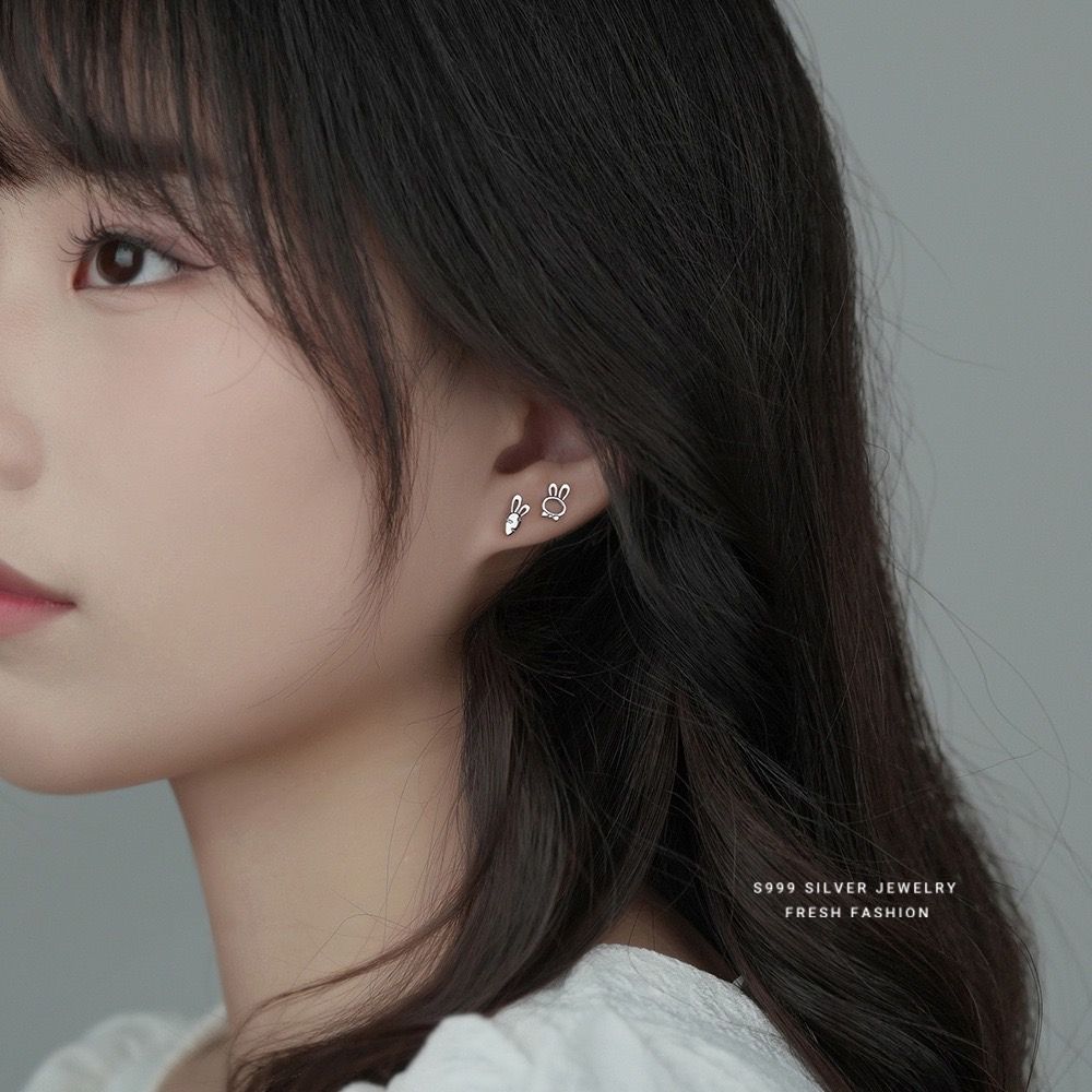 兔子胡蘿蔔耳釘女小清新可愛不對稱設計森系純銀耳飾