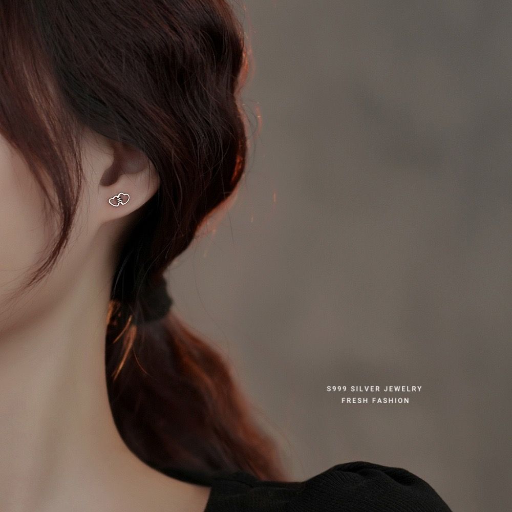 s999足銀心心對應耳釘女小清新甜美拼接鏤空雙桃心愛心耳飾品