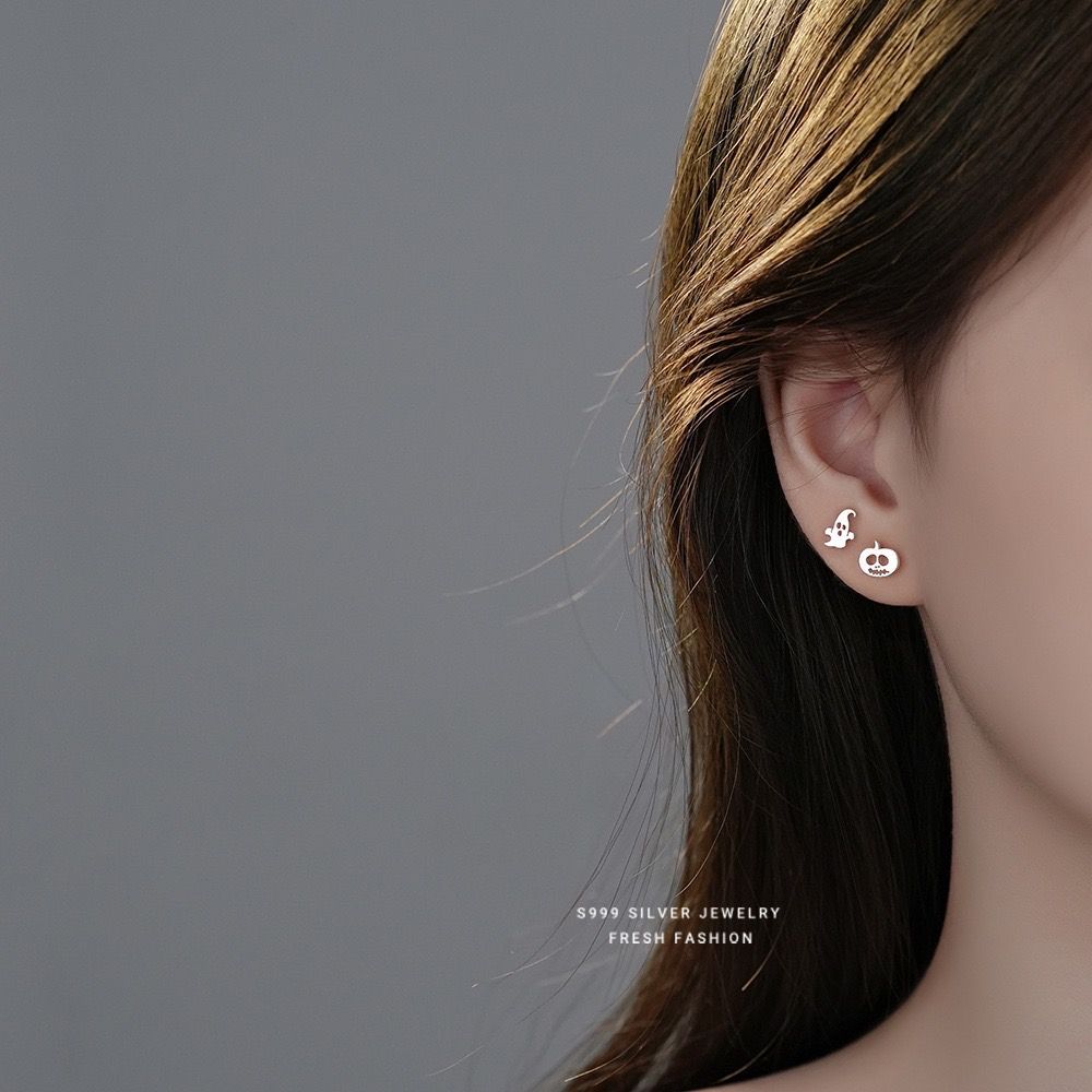 S999足銀幽靈耳釘女小眾卡通趣味搞怪簡約小巧耳環