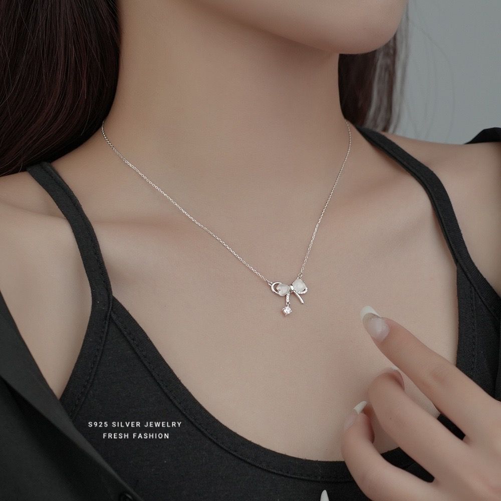 s925純銀心型貓眼石蝴蝶結項鍊女輕奢小眾情人閃鑽吊墜鎖骨鏈