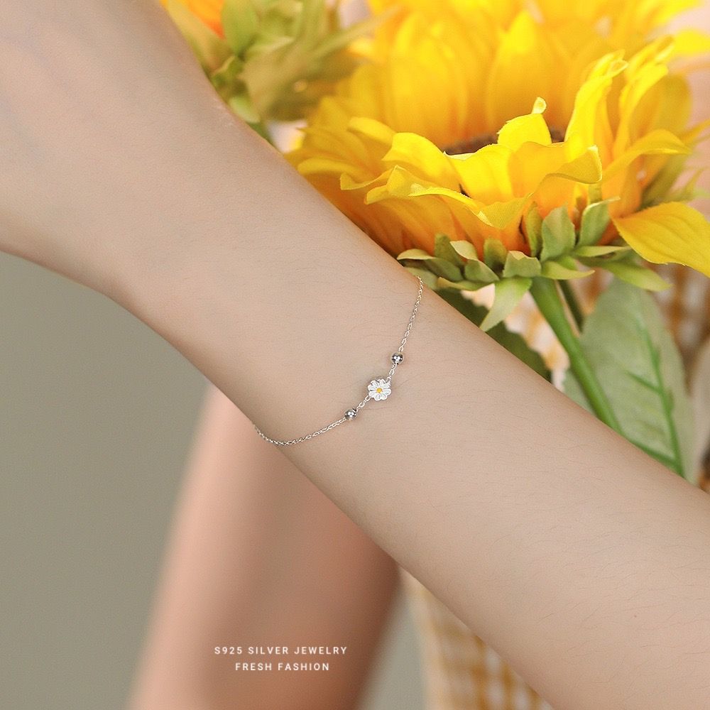 s925純銀小雛菊手鍊女簡約森系百搭戒指設計感白色滴膠花朵戒指