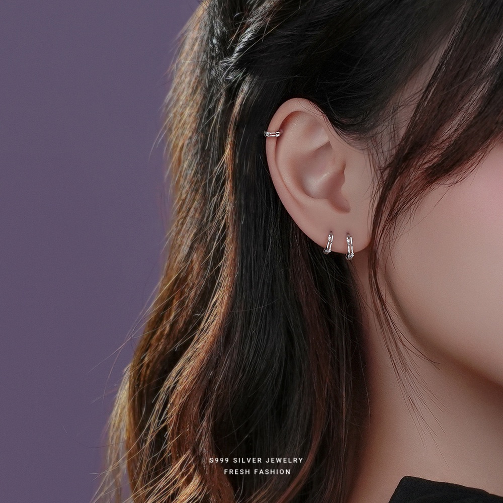 s999純銀耳環女簡約百搭耳圈鏤空鑲鋯石素圈耳環足銀