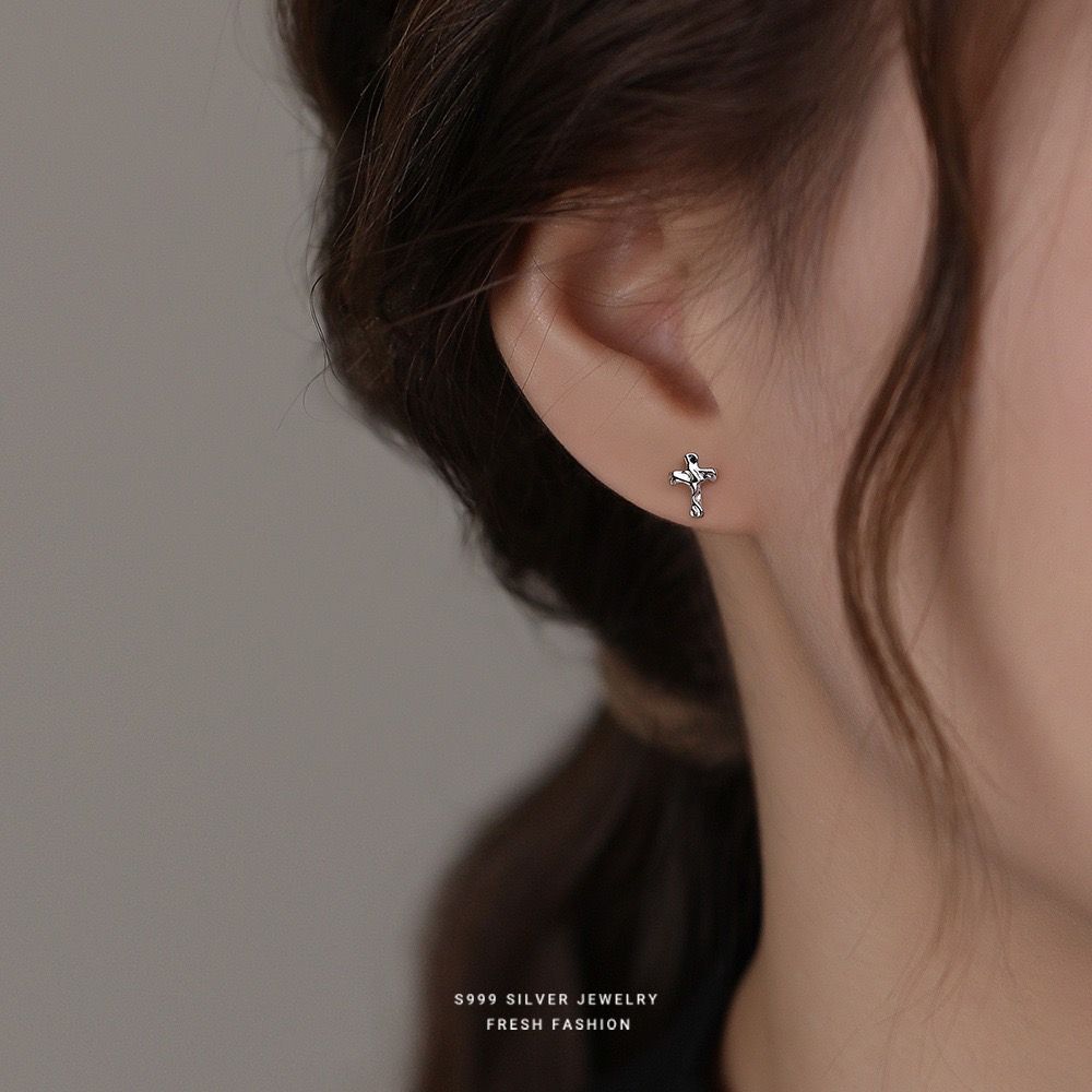 十字架耳釘女s999純銀百搭冷淡風時尚足銀耳飾