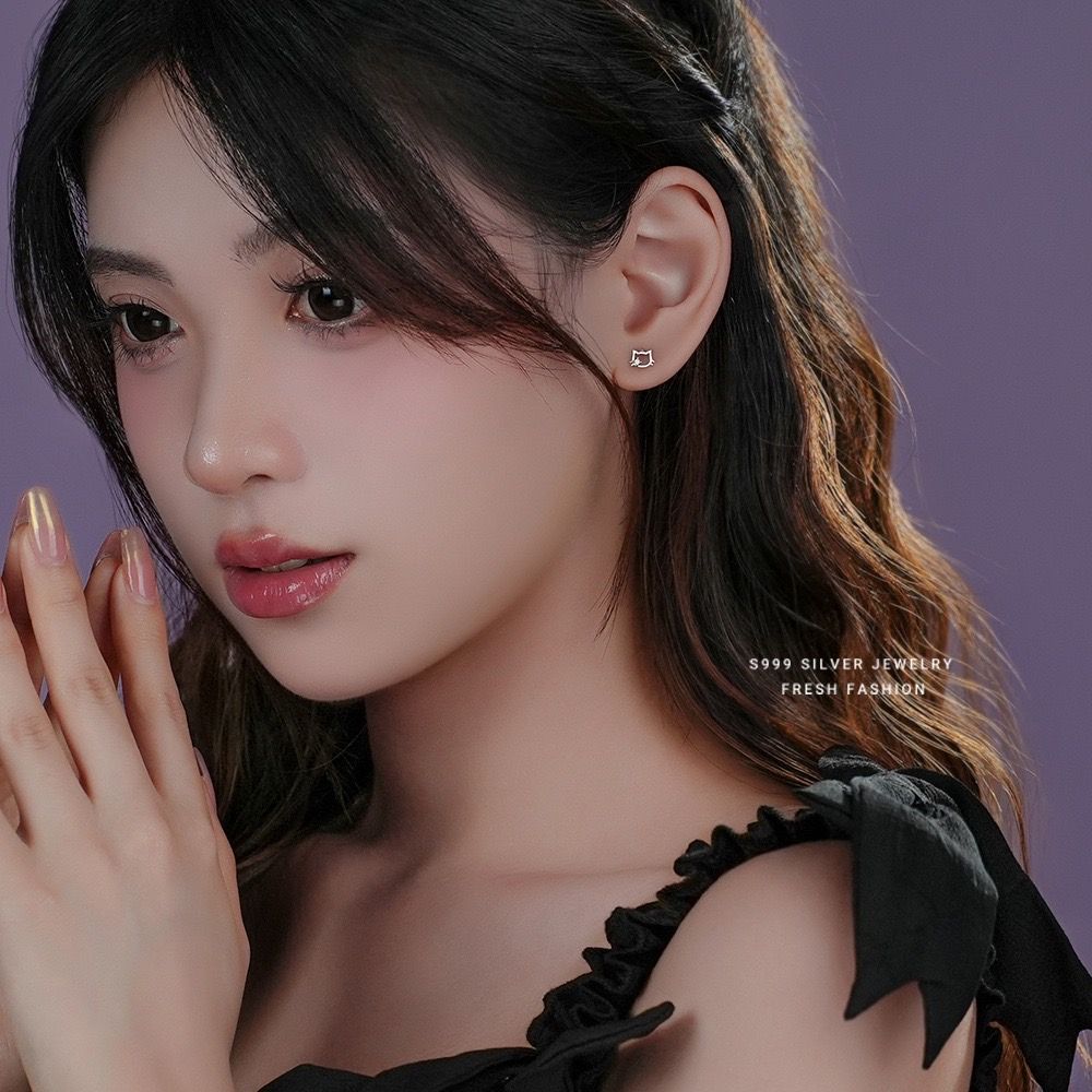 S999足銀可愛貓咪耳釘女扭螺絲養耳洞純銀耳環簡約甜美