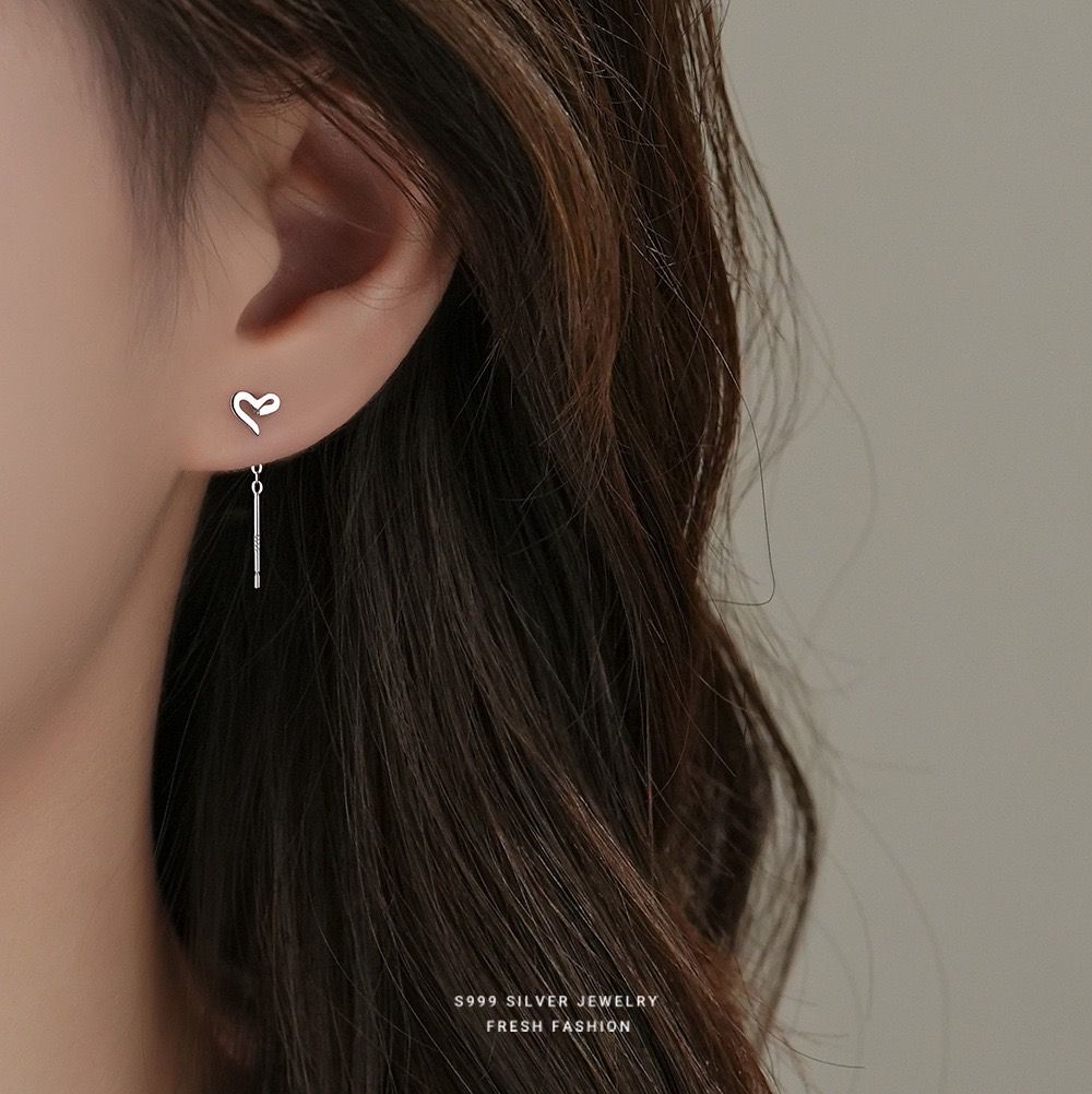 s999純銀愛心耳線女小清晰簡約百搭甜美流蘇耳線足銀學生耳飾