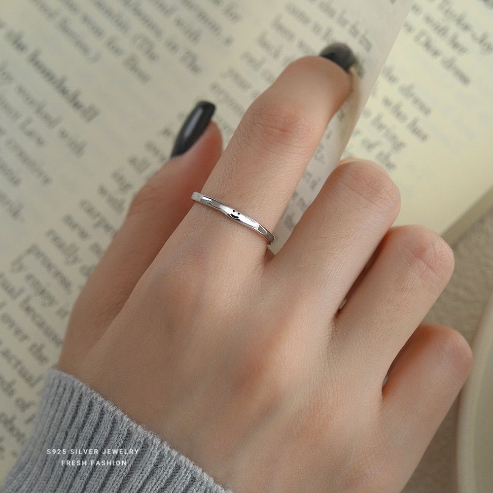 可愛微笑戒指女s925純銀韓版時尚笑臉指環百搭小表情食指戒可調節