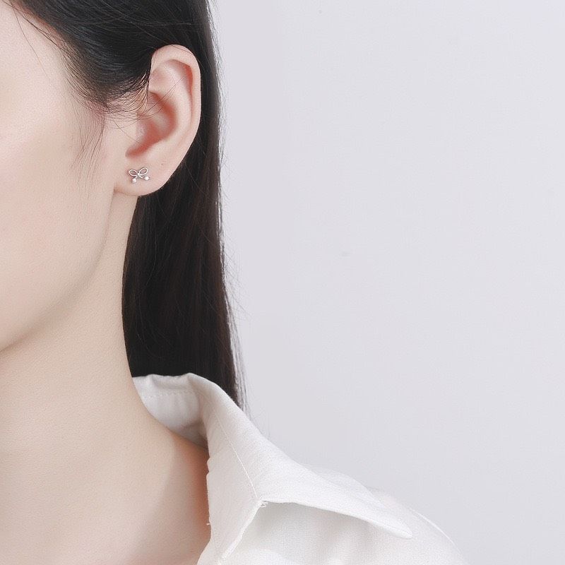 鏤空蝴蝶結螺紋耳釘女925純銀小眾設計鎖扣螺絲耳骨釘ins飾品