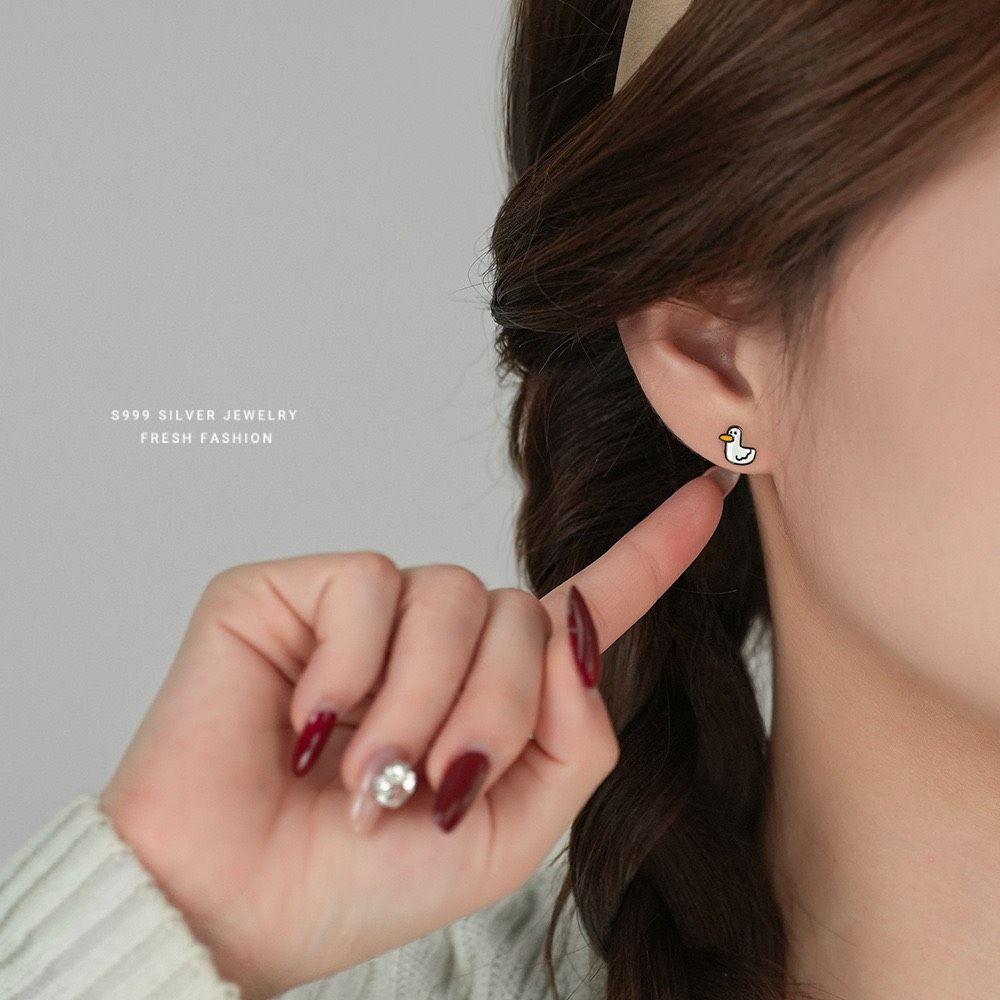 可愛鴨鴨耳釘s999純銀可愛童趣卡通插畫小眾滴膠足銀耳飾