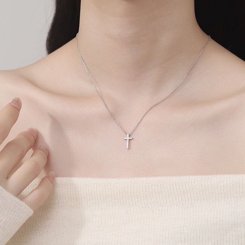 925純銀十字架項鍊個性時尚十字架鎖骨鏈簡約冷淡氣質風銀飾品