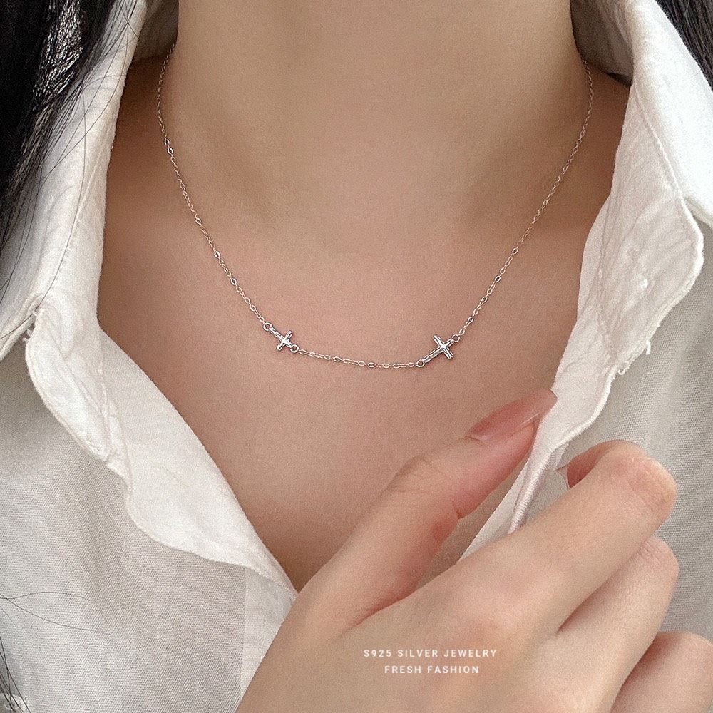 s925純銀褶皺十字架鎖骨項鍊女韓版小眾設計冷淡風鎖骨鏈輕奢潮流百搭