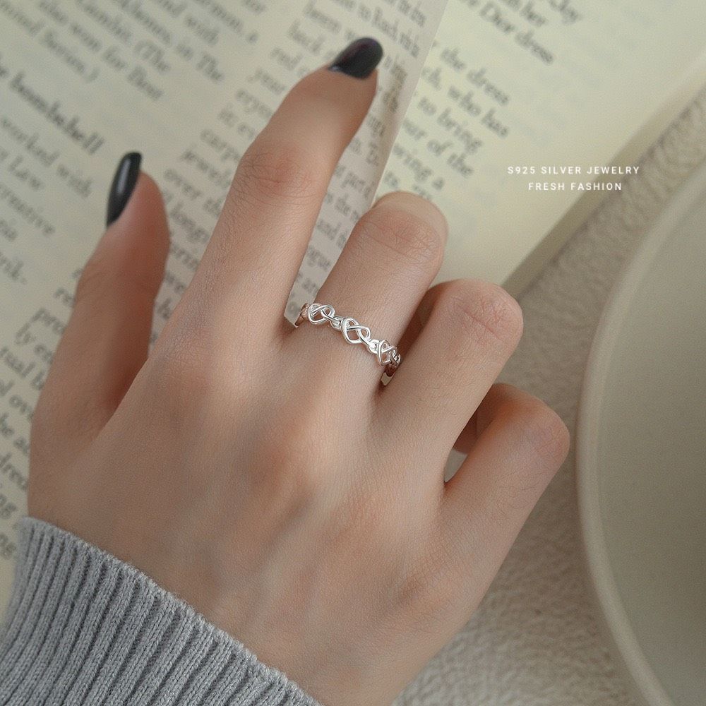 韓版極簡交織愛心戒指s925純銀百搭開口食指戒打結心形指環甜美