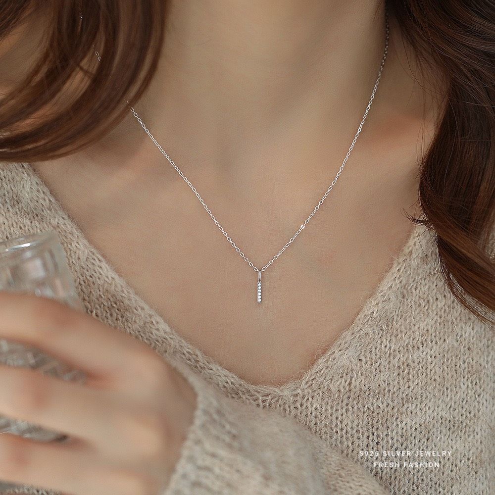 簡約一字墜排鑽項鍊女s925純銀輕奢百搭時尚氣質小眾微鑲鎖骨鏈