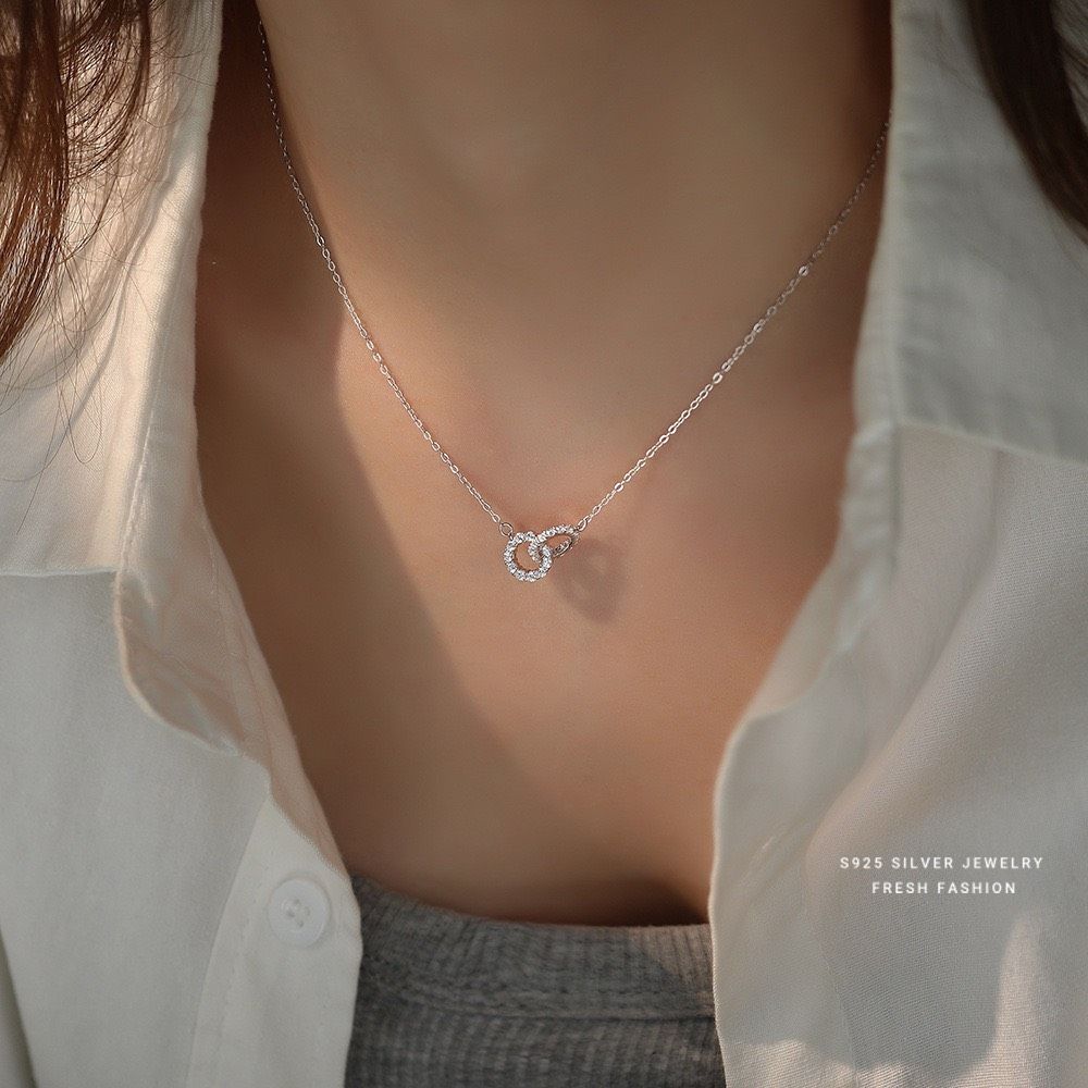 環環相扣超閃鋯石項鍊s925純銀百搭高級感雙環鎖骨鏈時尚