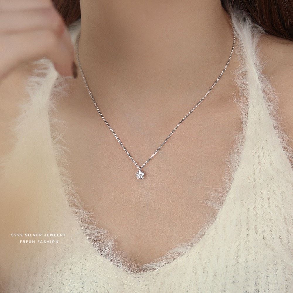 韓版輕奢高級感星星鋯石項鍊女s999純銀超閃吊墜百搭足銀鎖骨鏈
