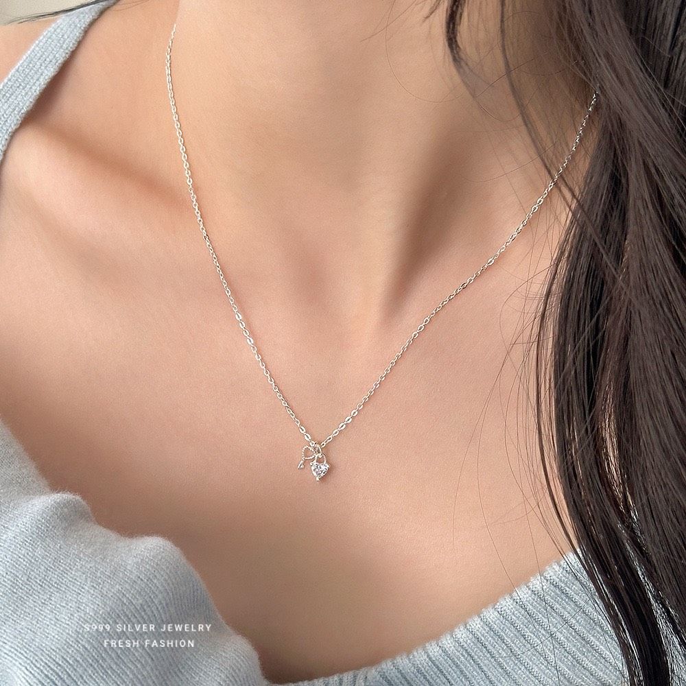 s999純銀愛心鋯石鑰匙項鍊時尚百搭氣質小眾設計感足銀