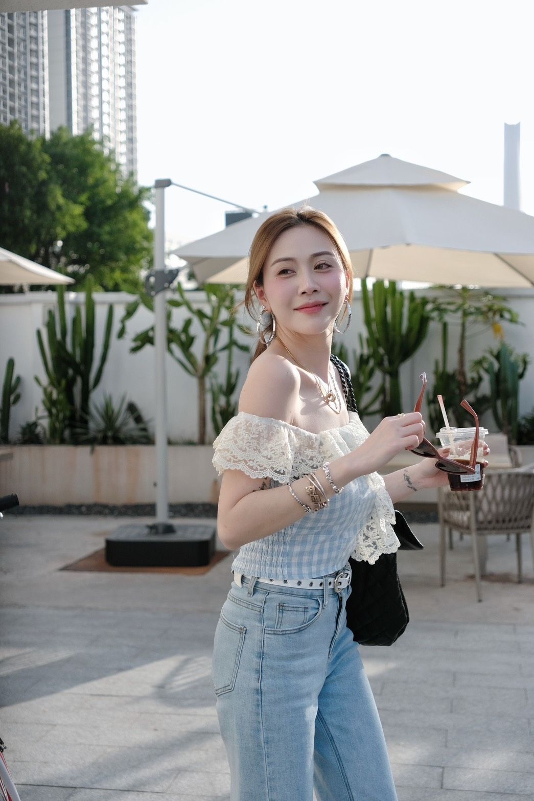 576 Ins風蕾絲格紋小衫