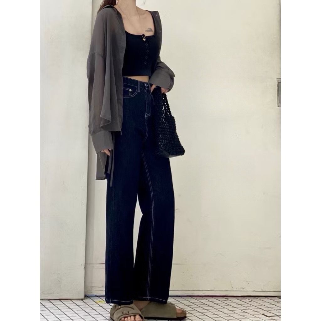 7080車線原色質感藍直筒9分褲