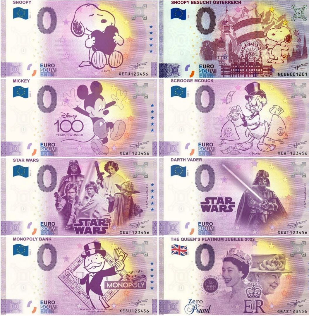 預購 德國代購 0歐元/0英鎊 紀念紙鈔 史努比 迪士尼 米奇 史高治 星際大戰 大富翁 英國女王 紀念紙幣