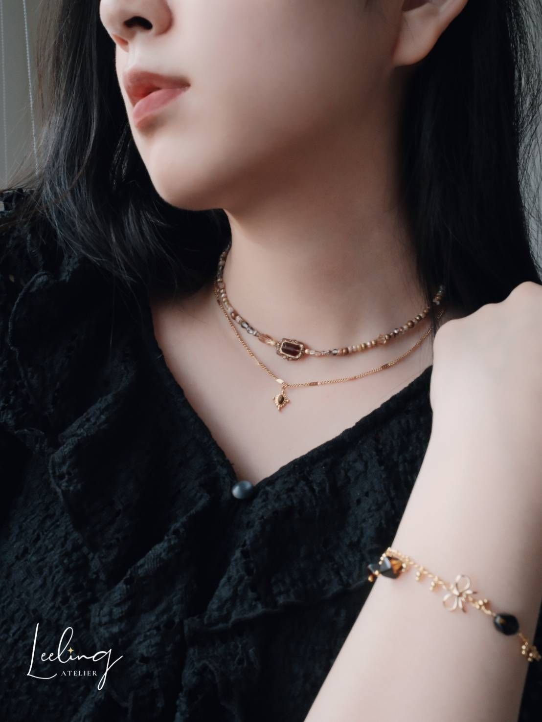 金色午後 Golden Hour  虎眼石捷克珠層次項鍊
