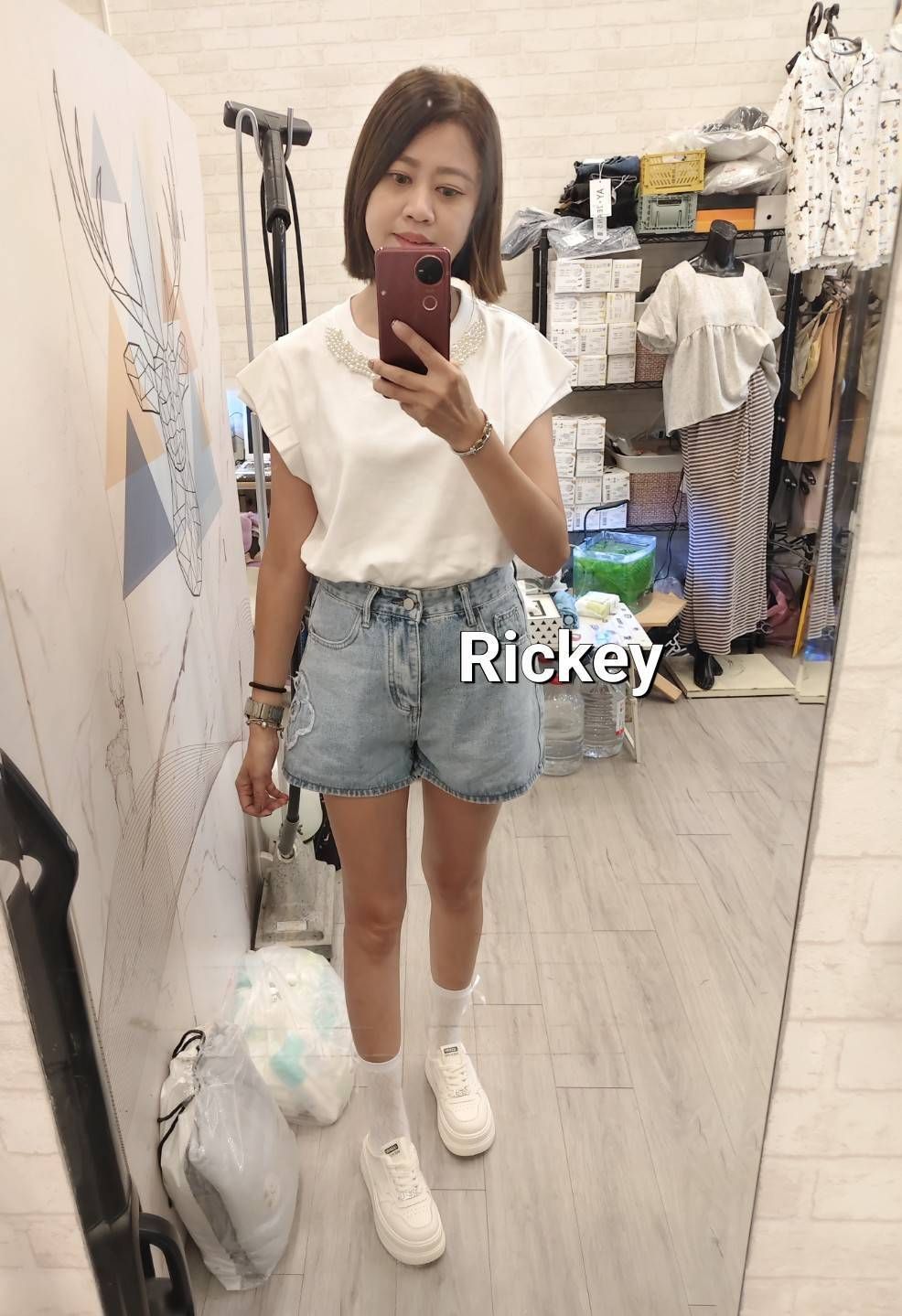 高腰無彈性花朵牛仔短褲