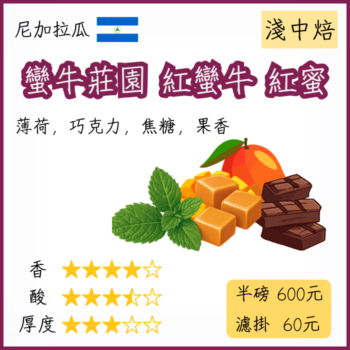 尼加拉瓜 蠻牛莊園 紅蠻牛 紅蜜處理 ｜ 淺中焙