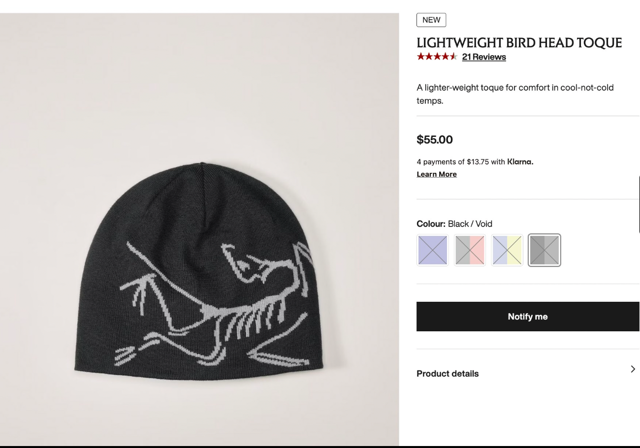 Arc’teryx Lightweight Bird Head Toque 毛帽黑灰色