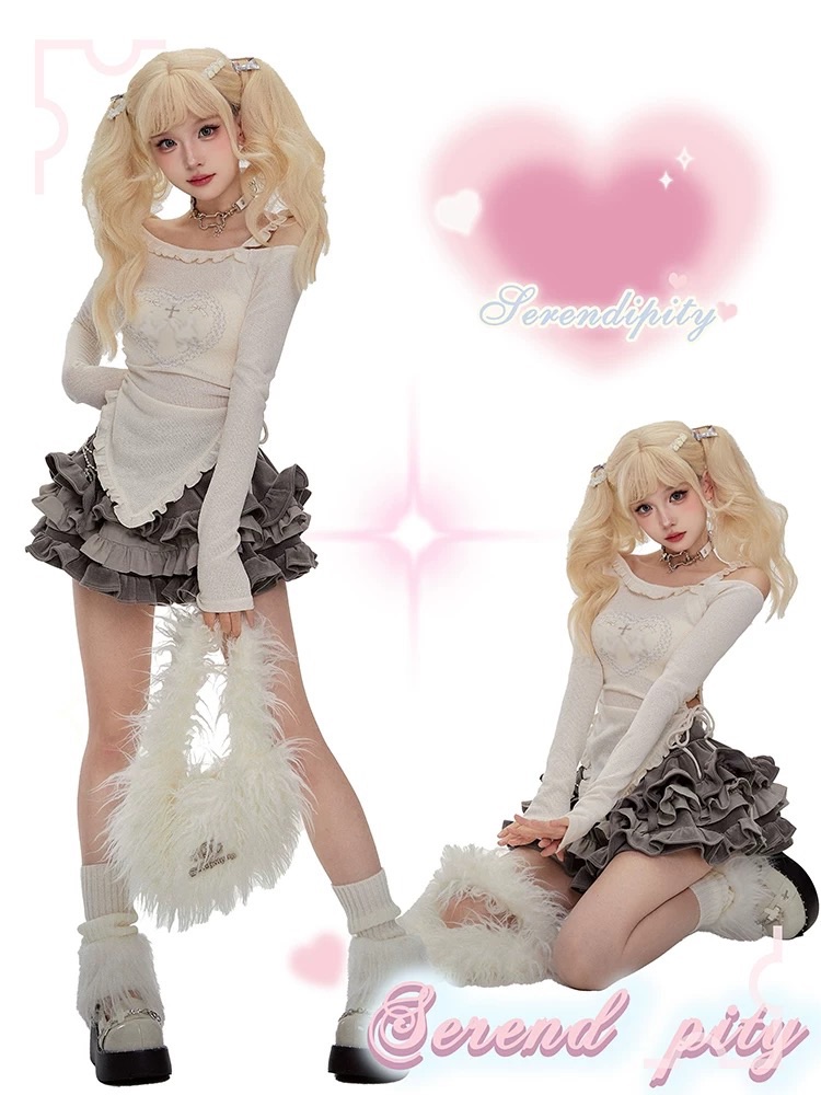 少女椰子 十字契约 春秋季穿搭套装米色上衣超重工蛋糕短裙套