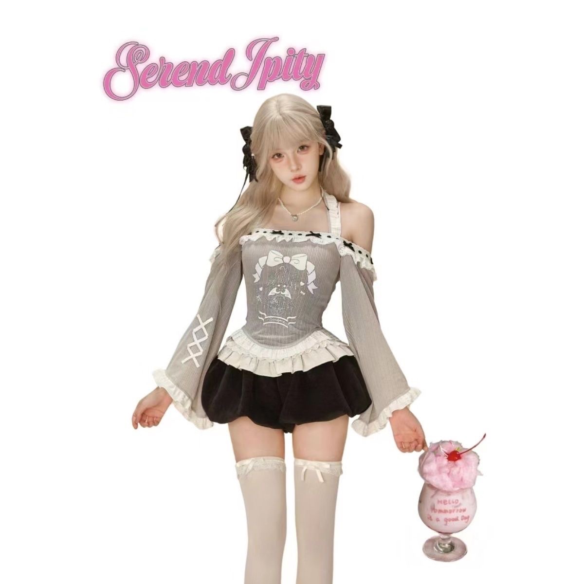 少女椰子 灰糖啵啵獨特絕美小套裝一字肩打底衫上衣+南瓜褲