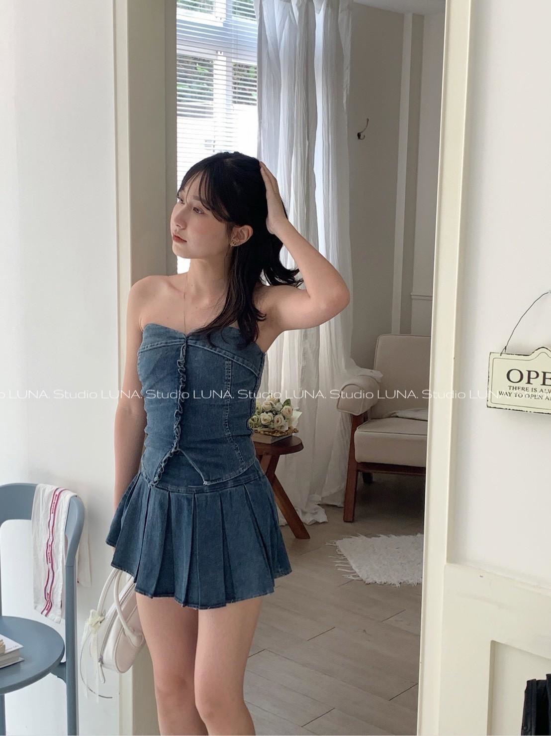 甜美系牛仔百褶短裙套裝