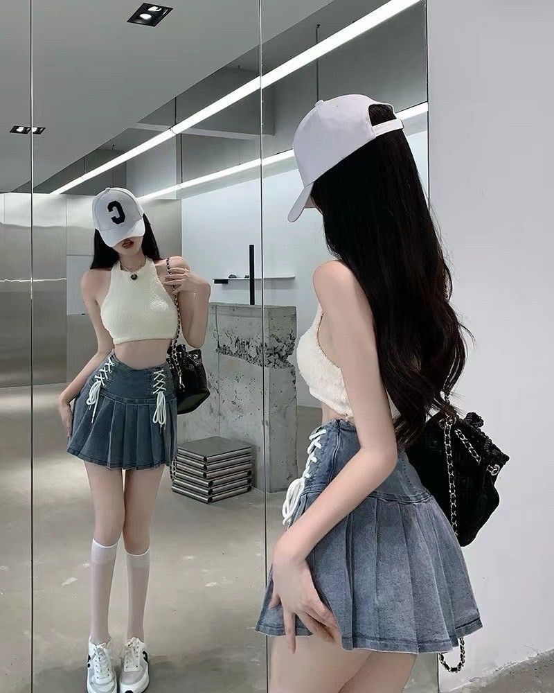 韓系綁帶牛仔百褶裙👗（有內裏）