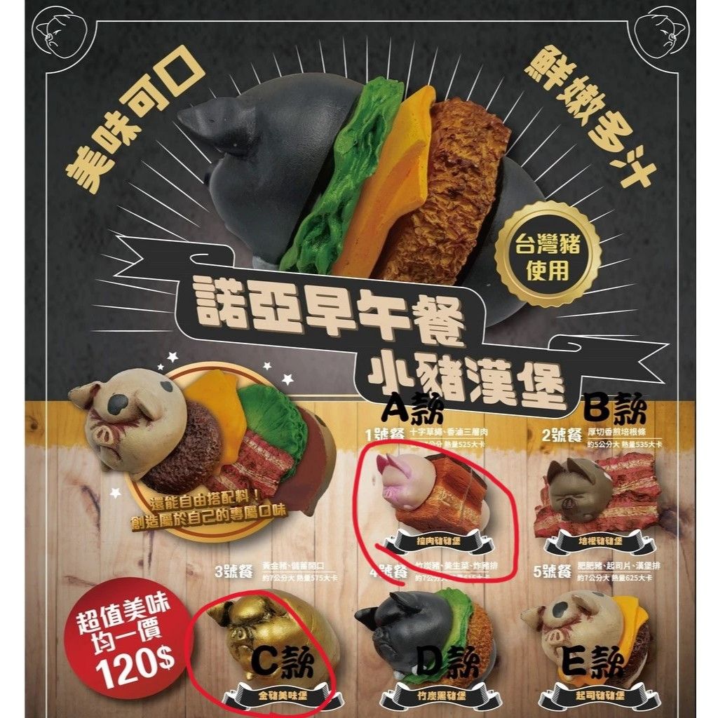 轉蛋 扭蛋 夥伴玩具 諾亞早午餐 小豬漢堡 控肉豬豬堡 金豬美味堡