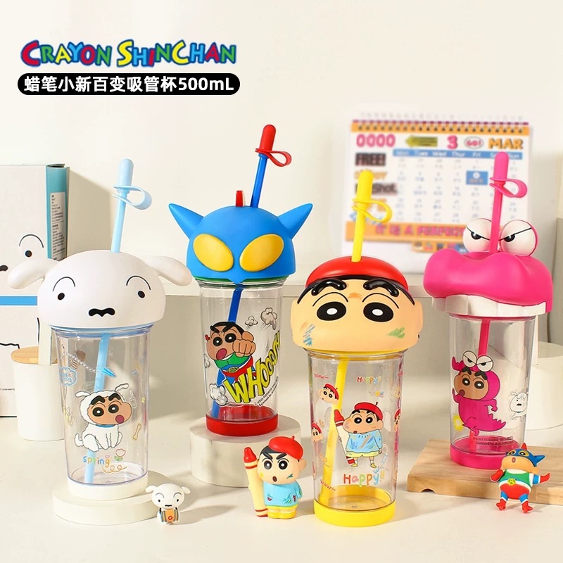 正版 蠟筆小新大頭造型吸管杯 500ml 卡通百變水壺