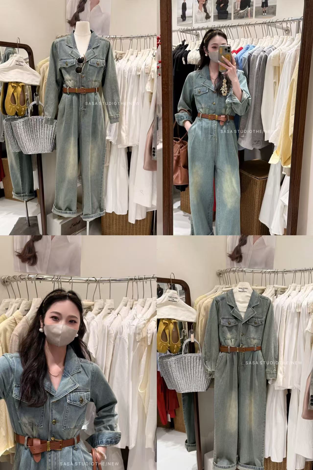 牛仔厚磅連身褲+皮帶（送化妝包）
