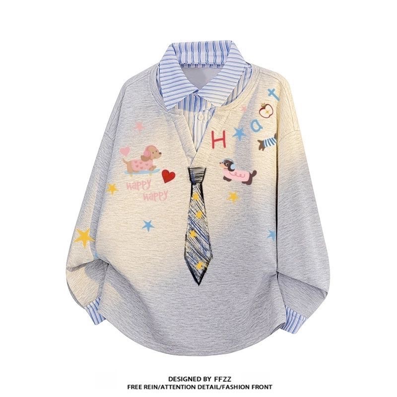 超可愛！情侶閨蜜一起穿～秋冬塗鴉風假兩件上衣