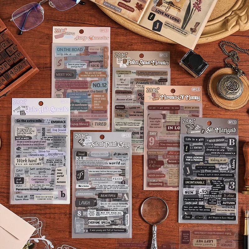 ins時光拼貼文字貼紙 PET防水手帳素材 復古英文字母鹽系咕卡拼貼素材