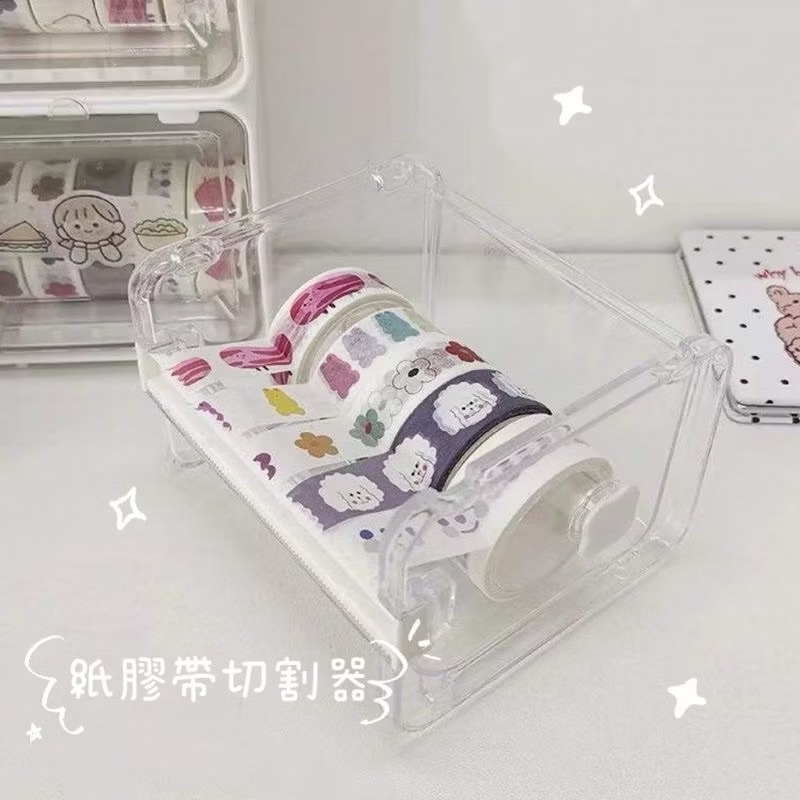 日系壓克力透明紙膠帶切割器 紙膠帶收納盒 透明膠帶台 膠台
