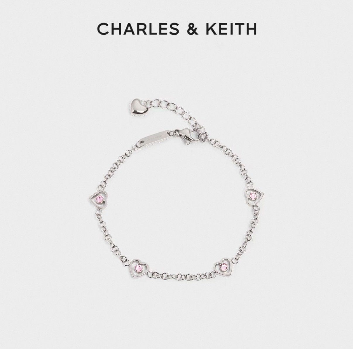 Charles ＆ Keith 小ck 手鍊 Malorie 水鑽 愛心 手鍊 銀色