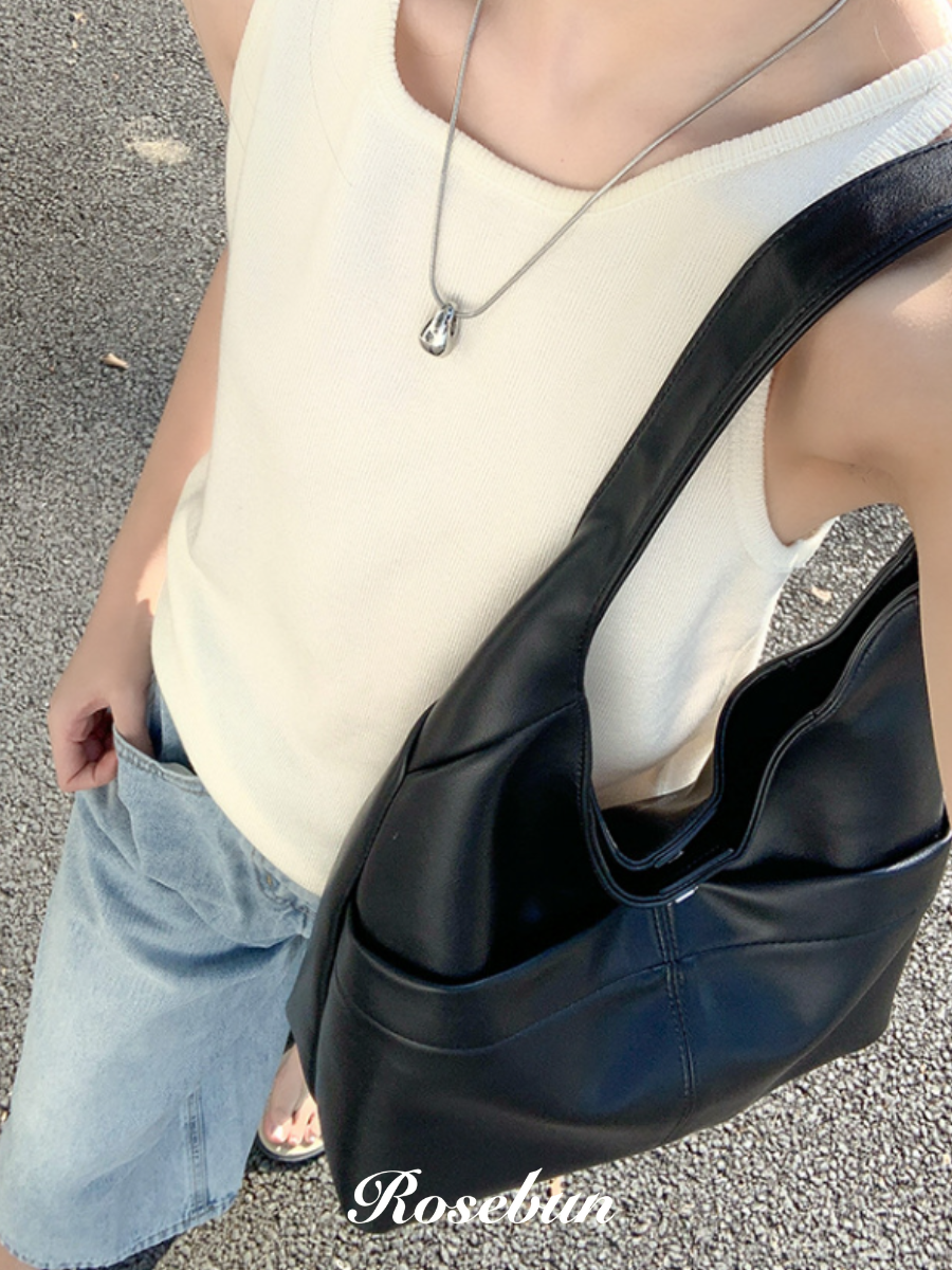 雙口袋銀釦兩用托特包