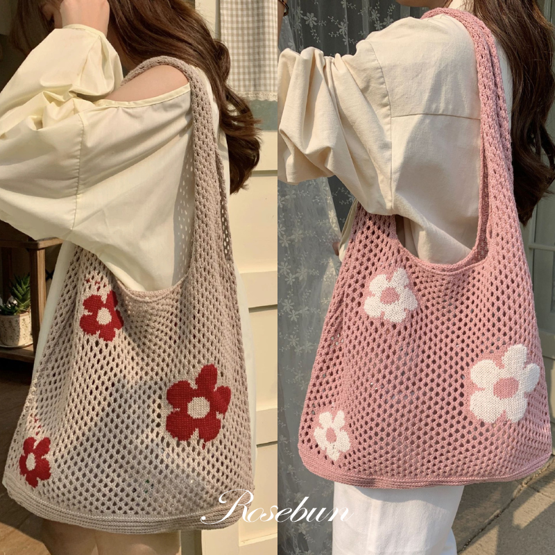 夏日花朵刺繡針織包